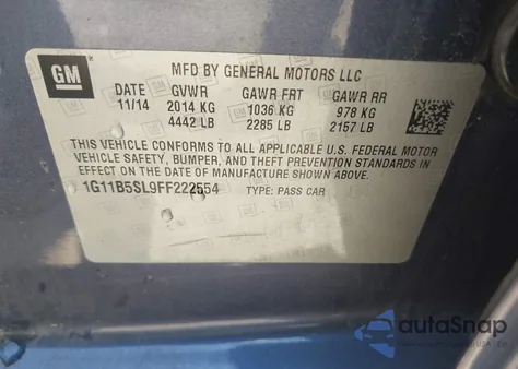 2015 Chevrolet Malibu Ls из США, поврежденный, VIN 1G11B5SL9FF222554